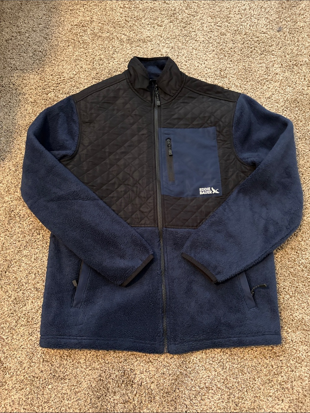 Eddie Bauer Navy Fleece Jacket with Black Quilted Chest